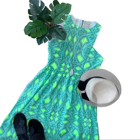 Everly Boutique Teal and Lime Geometric Patterned Mini  Dress Size Small - Picture 15 of 15